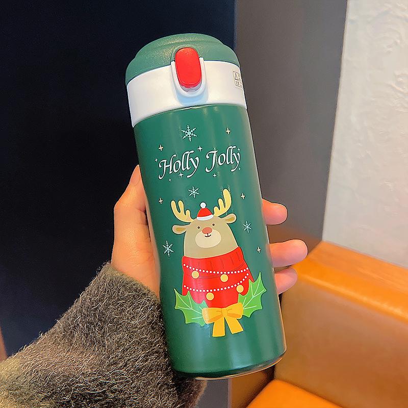 New Cute Christmas Thermos Water Bottle With Straw For Kids Vacuum Insulation Drinking Bottles Thermo Cup Couple Christmas Gift