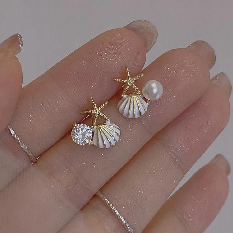 Trendy Ocean Style Zircon Imitation Pearl Blue Shell Starfish Earrings Stud For Women Earring Ear Ring Jewelry Gift