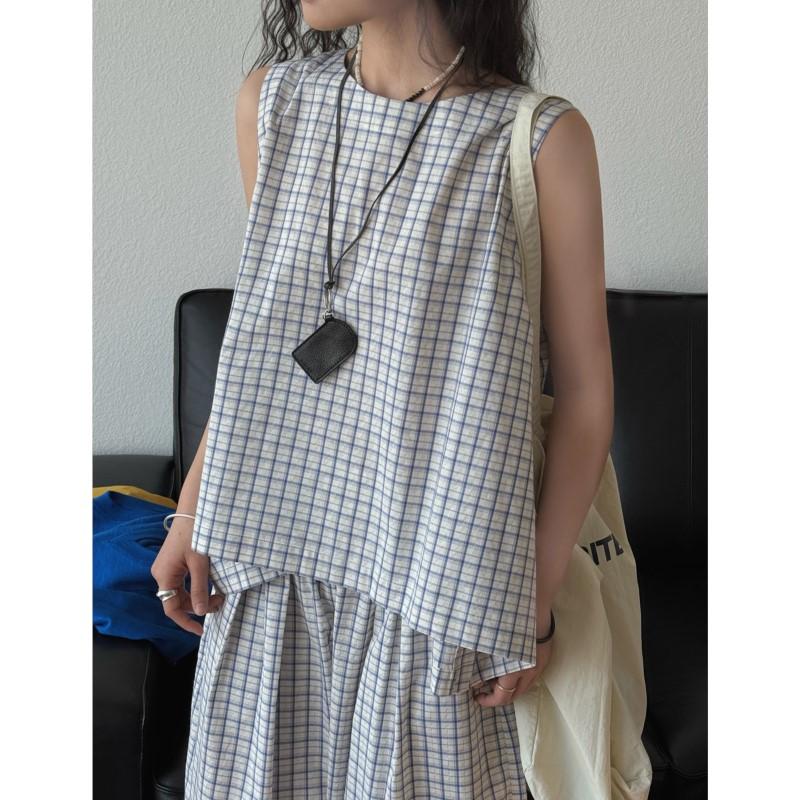 Johnature Korean Simple Pullover Plaid Tops Summer Casual Thin Comfortable Sleeveless Tops Women