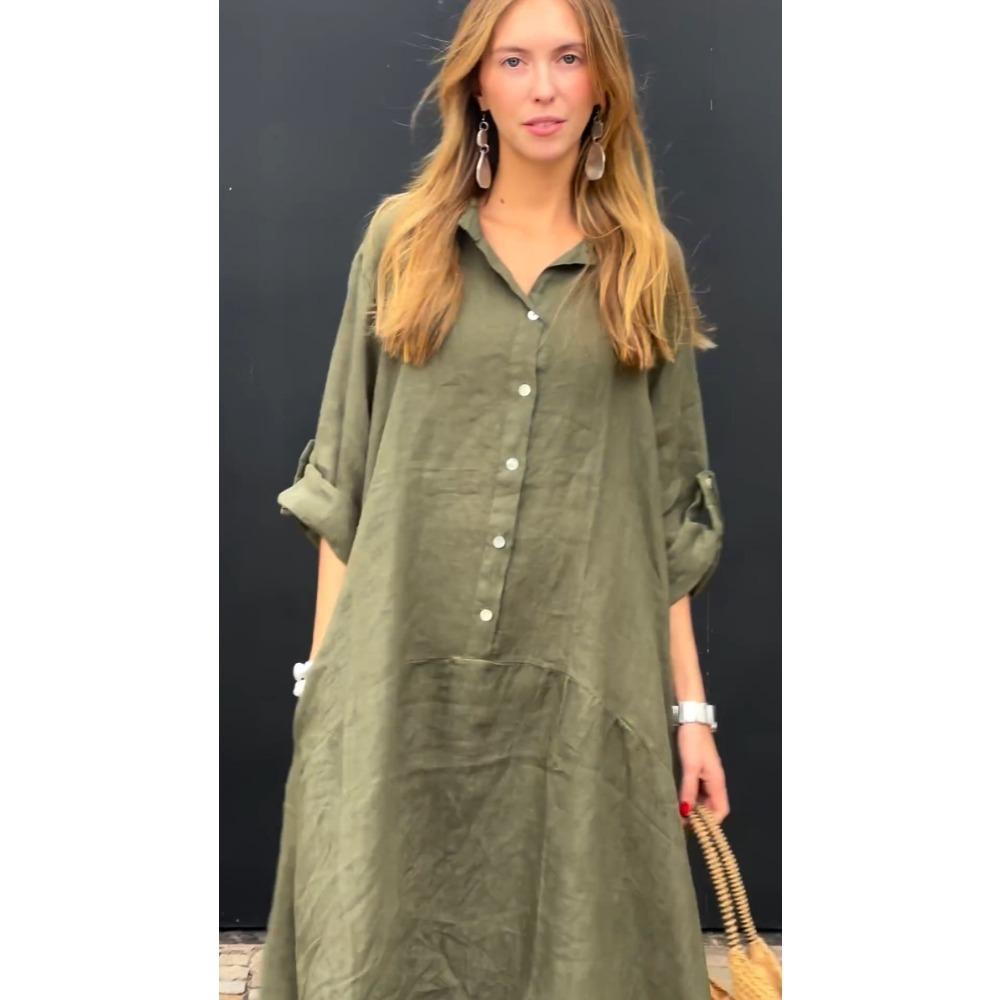 Women's Cotton Linen Turn-down Collar Solid Pullover Straight Knee Length Pockets Casual Dress