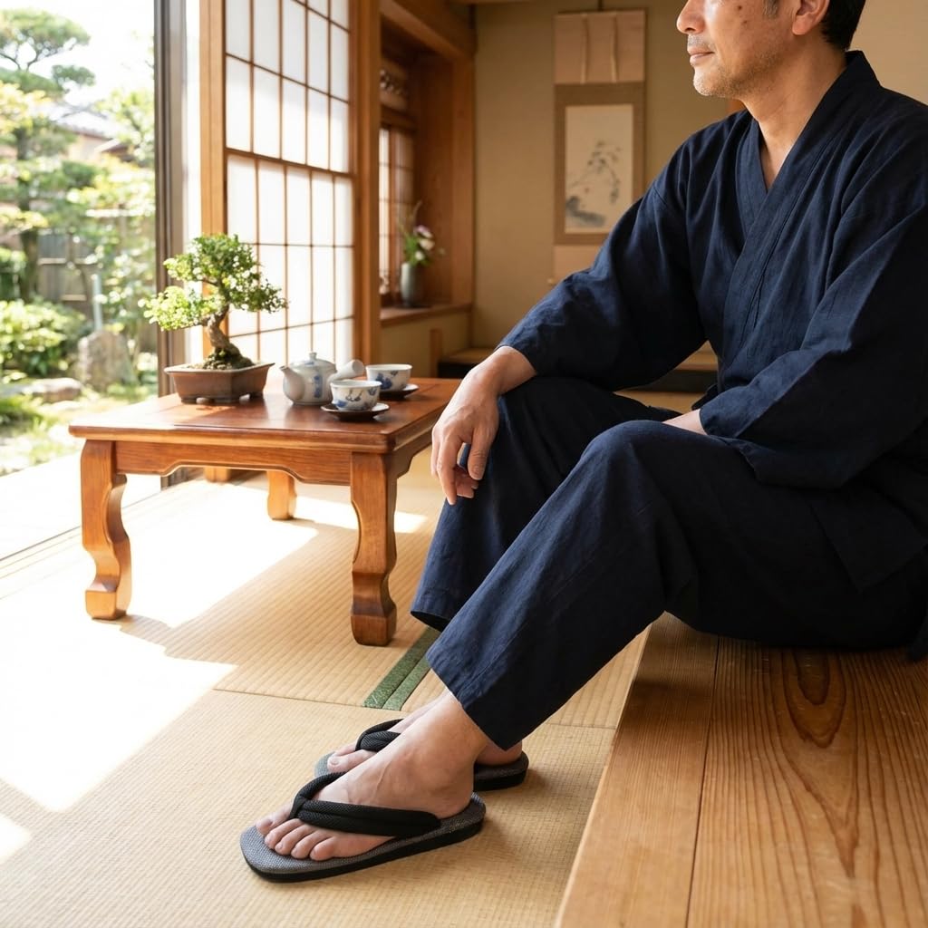 Rattan Mesh Made in Mesh Rubber Perfect for Yukata and Summer 25cm [Shigi] Men's Sandals, Breathable, Black, Japan, Thong, Sole, Comfortable,