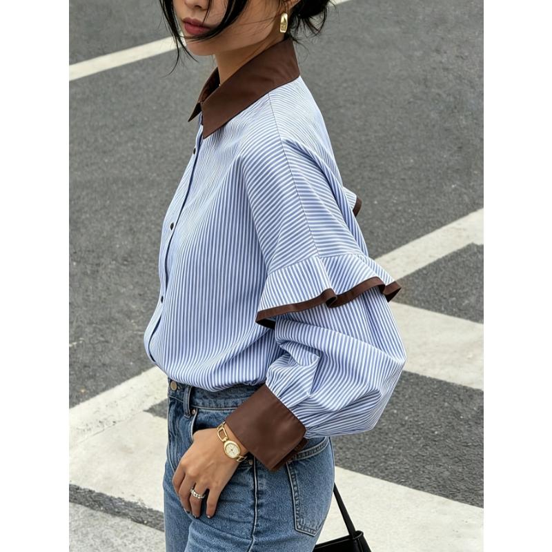 Women Fall Striped Shirt, Color Block Collar Ruffle Long Sleeve Loose Korean Style Casual Blouse Top