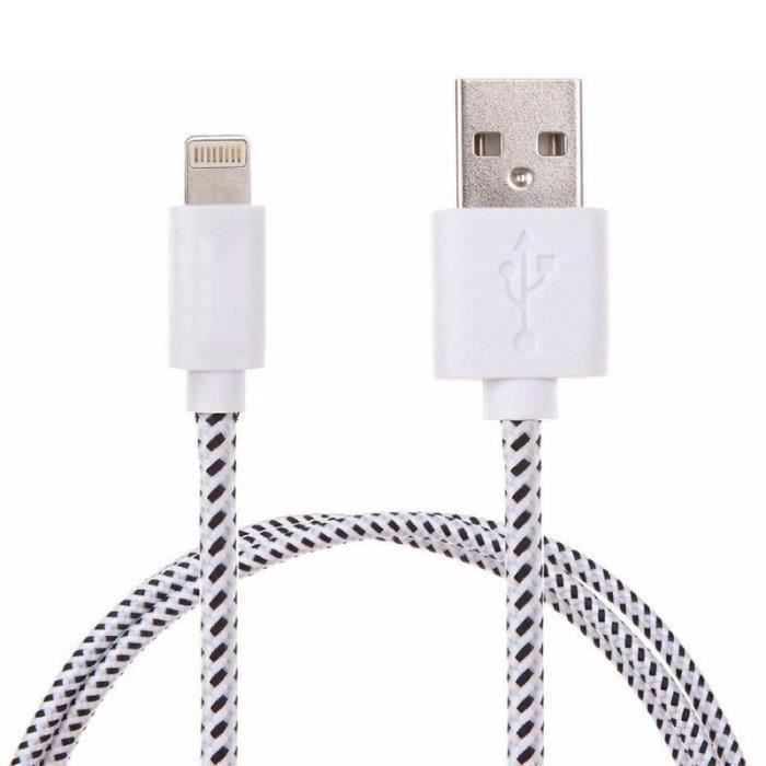 Cable Tressé 1m pour IPHONE 7 Chargeur Connecteur Lighting USB APPLE Tissu Tissé Lacet Fil Nylon (BLANC)