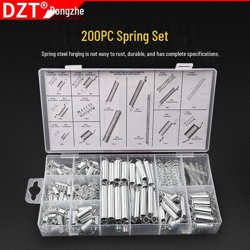 200 PCS Assorted Spring Set: Cylindrical Tension & Compression Springs with Hooks, Boxed