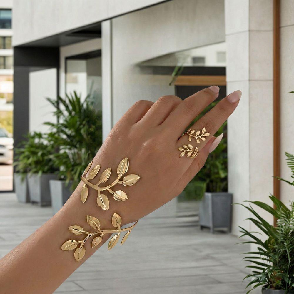 Open Armband Ring Set Gold Jewelry Set Fashion Leaf Upper Arm Cuff  Unisex