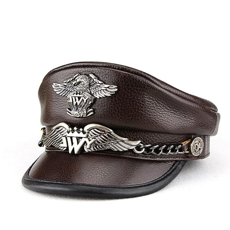 Men s Genuine Leather Flat Top German Captain Hat - Spring & Autumn Retro Punk Motorcycle Style L Adjustable (55-57CM)