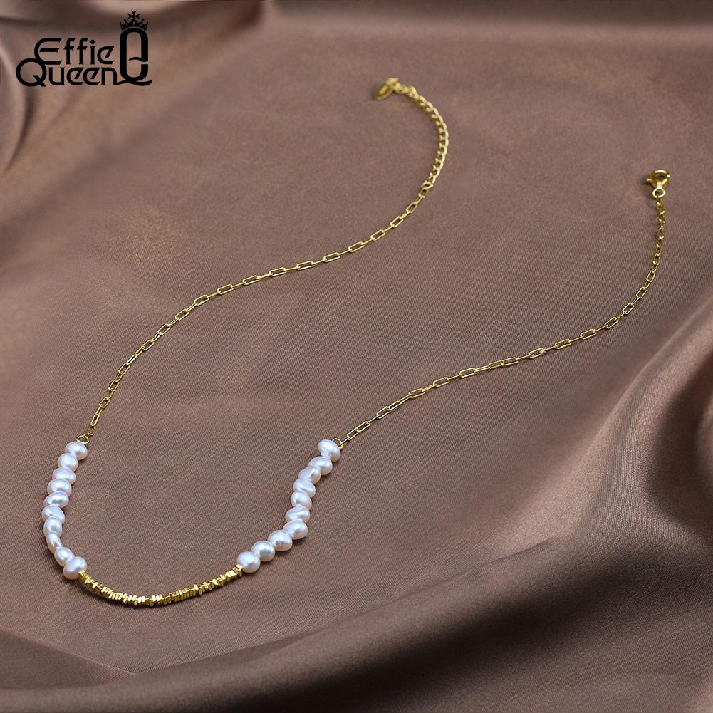 EFFIE QUEEN Elegant 925 Sterling Silver Women's Luxury Natural Pearl Necklace 14K Gold Plated Simple Choker Chain Gift GPN68