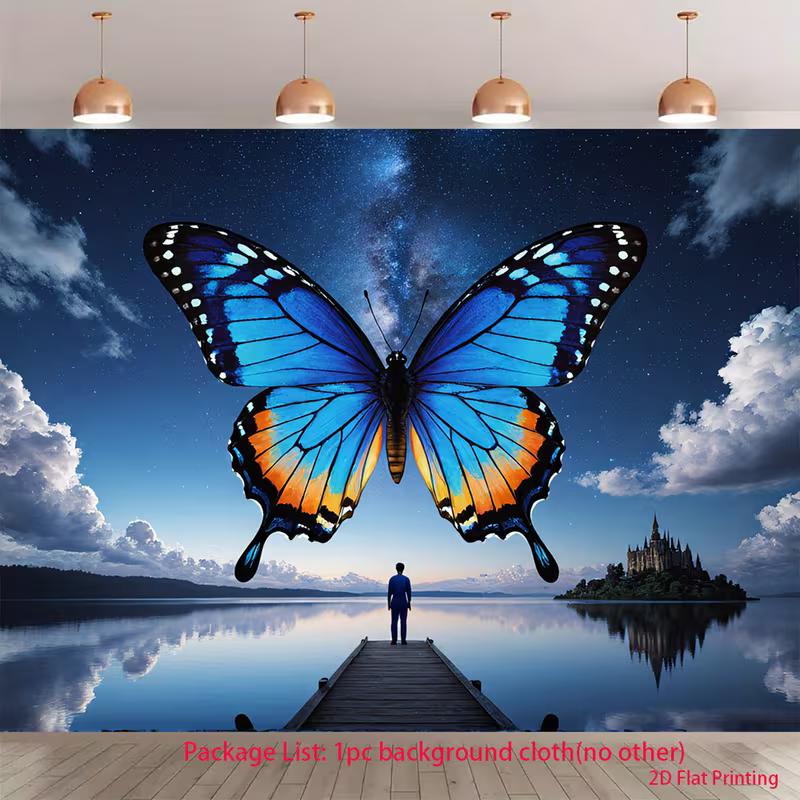 

2D Magical Butterfly Lake Backdrop 2D Starry Sky Castle Pier Photo Background for Themed Shoot 47.2x31.5inch/120*80cm