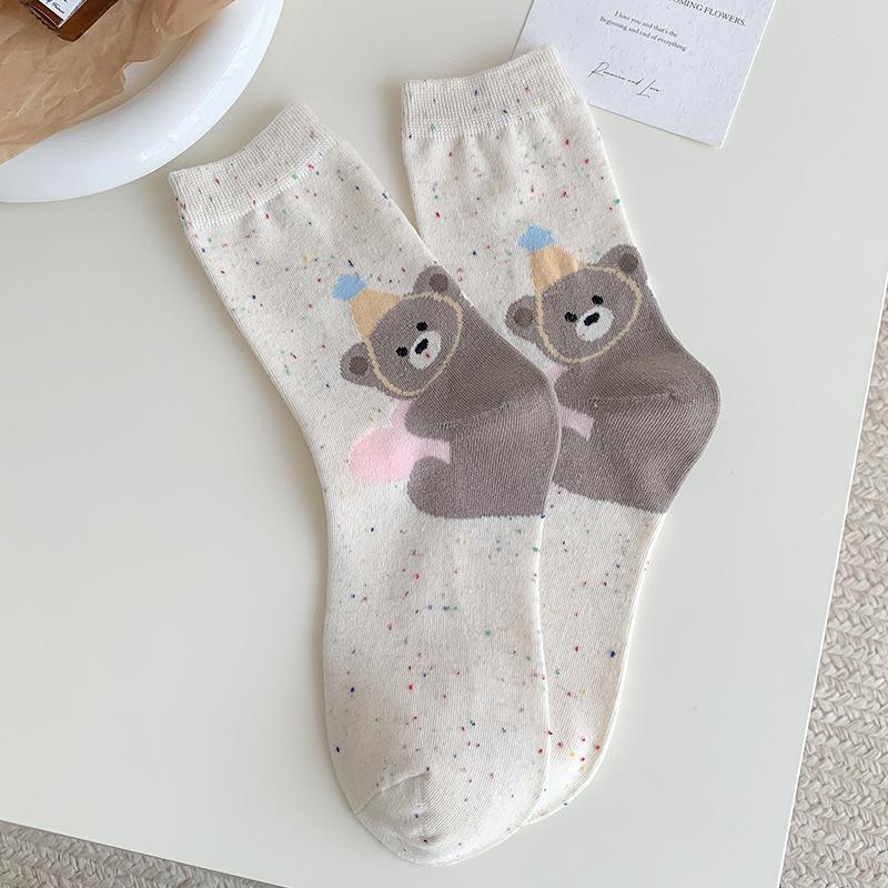 Cute Little Bear Animal Pattern Girls' Mid-calf Socks, Spring and Autumn Sweat-absorbing and Breathable Cotton Socks, Versatile Long Socks
