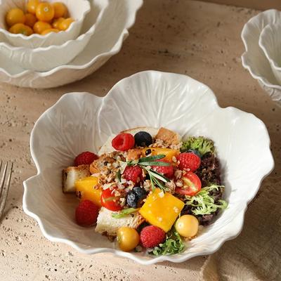 1PC Ceramic Flower Deep Bowl, Pure White Creative Cabbage Relief Tableware, Fruit and Vegetable Salad Bowl Tableware