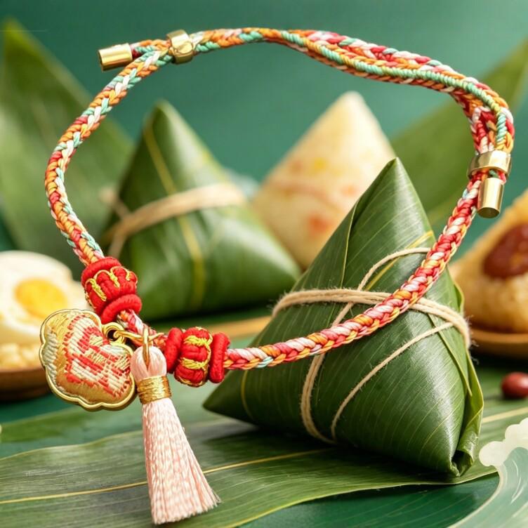 Handmade Five-Color Rope Bracelet with Zongzi Pendant - Adjustable Red Rope for Children