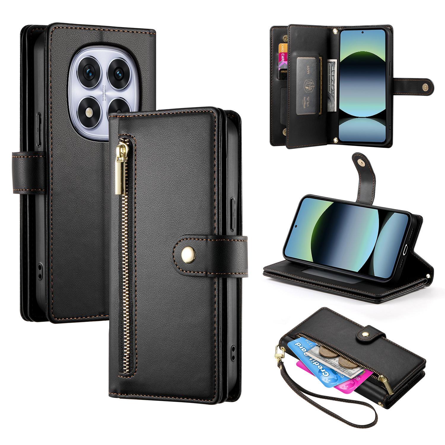 

DF-011 For Xiaomi Redmi Note 14 Pro 4G Case Zipper Pocket Wallet Leather Phone Cover with Straps Black