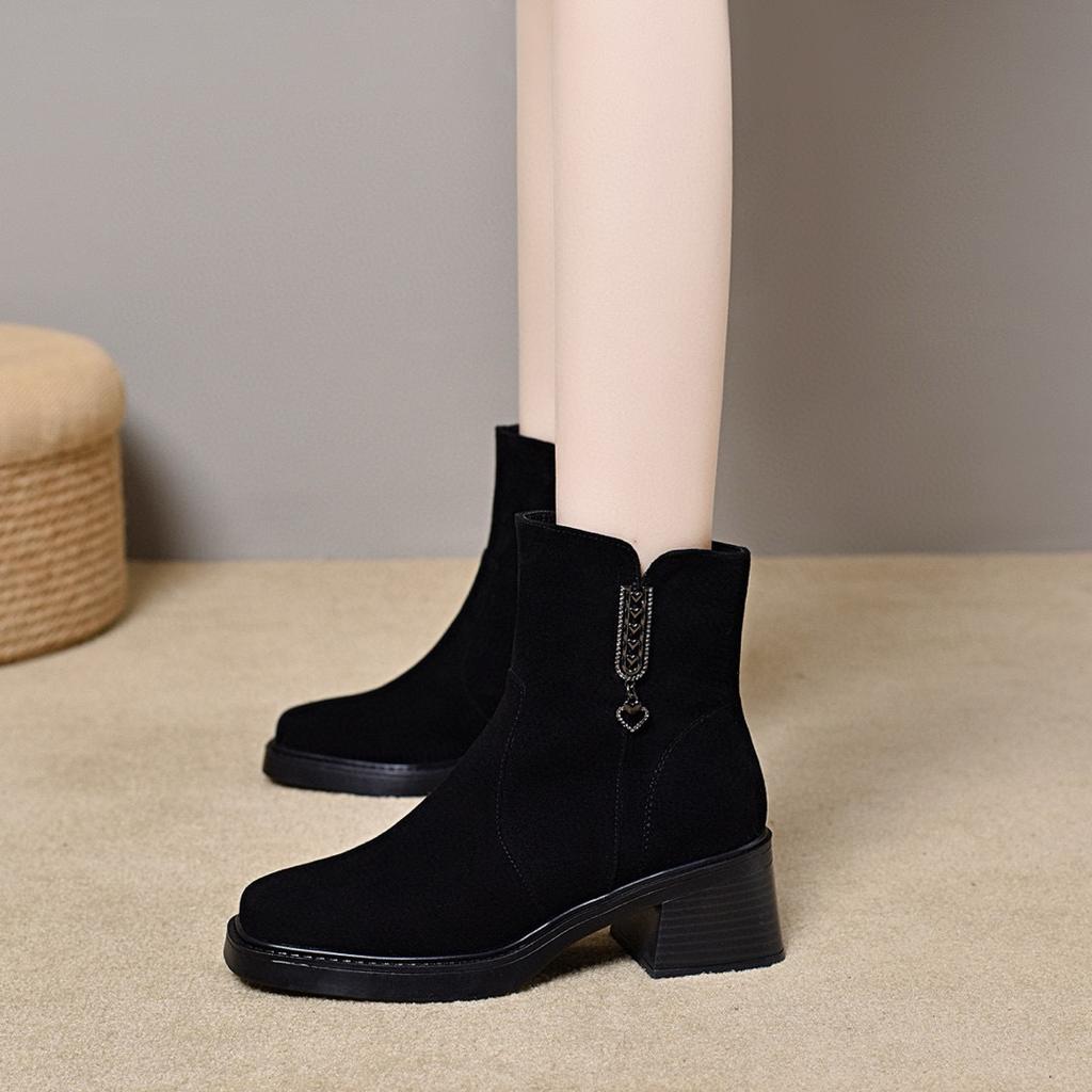 Short boots women's autumn and winter new round head thick heel fashion boots rhinestone love side zipper leather boots cotton boots