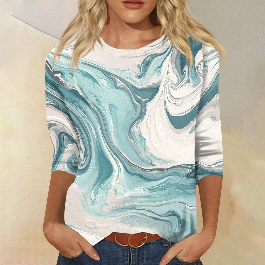 Women's Fashion Casual Round Neck Three-quarter Sleeve Gradient Print T-shirt Top