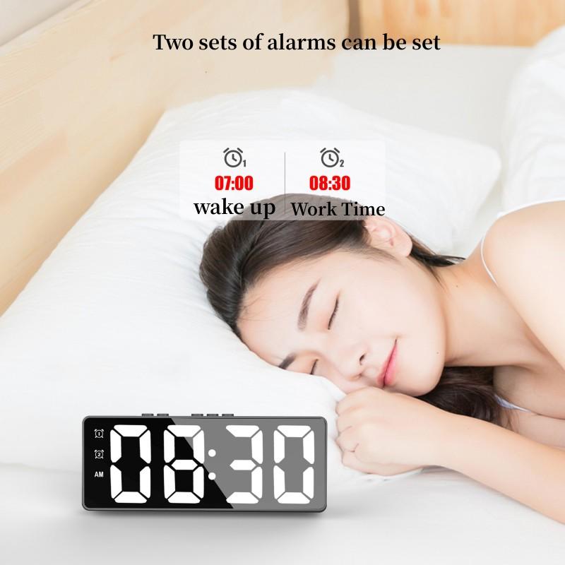 Voice Control Digital Alarm Clock Temperature Date Dual Alarm Snooze Mute Table Clock 12/24H Bedside Mirror LED Clock