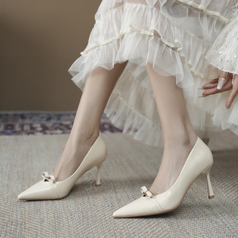 Retro Temperament Bow High Heels Women's Pointed Head Thin Heel Design Sense Single Shoes Spring CM