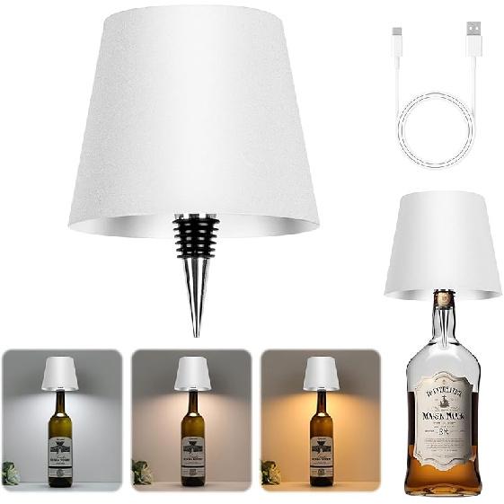 Wireless Bottle Lamp Shade White - Portable LED Wine Bottle Lamp with Stopper, 3 Color Stepless Dimming Rechargeable Touch Wine Bottle Lights for Any
