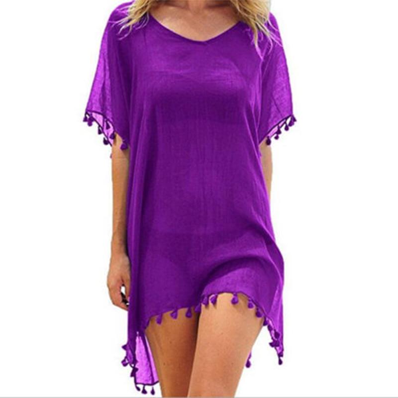 Summer Bikini Cover Up Chiffon Pompom Detail Hollow Crochet Swimsuit Cover-Ups Bathing Suit F Size
