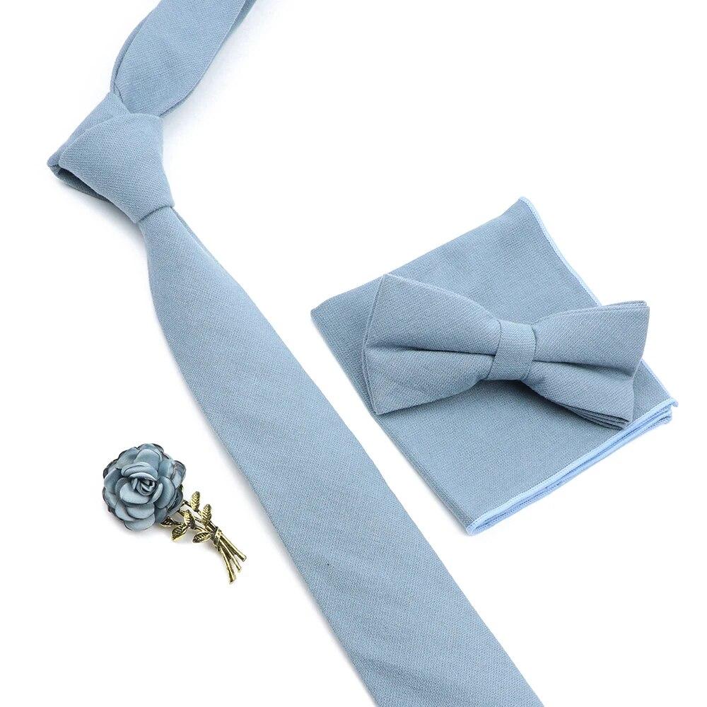 Solid Color Cotton Necktie Set For Men Tie 4pcs Hanky Cufflinks Rhinestone FLoral Brooch Tie Set