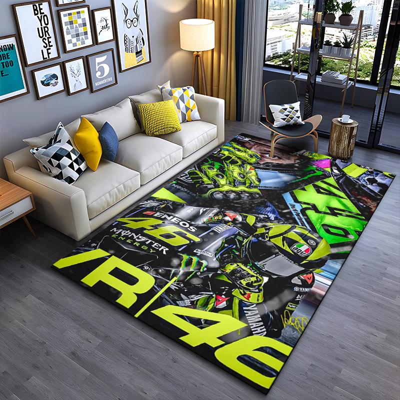 Sports Area Rug, Valentino Rossi 46 VR46 Monster Energy Neon Green Helmet Bike Print, Garage Decor, Non-Slip Mat