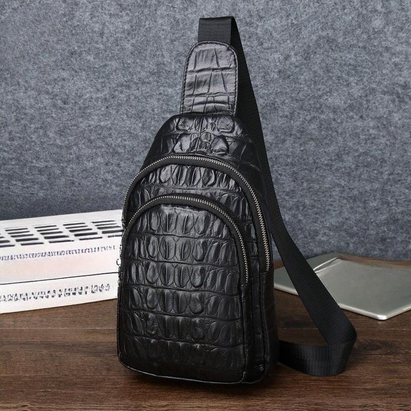 Crocodile Pattern Men's Genuine Leather Single-shoulder Chest Bag, Cowhide Crossbody Bag, Trendy Men's Front Crossbody Bag