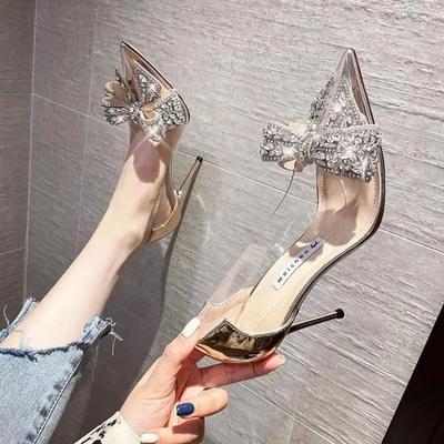 Autumn New Pointed Crystal Women Pumps Rhinestone Butterfly-knot Transparent Sexy High Heel Women Sandals Fashion Heels Woman