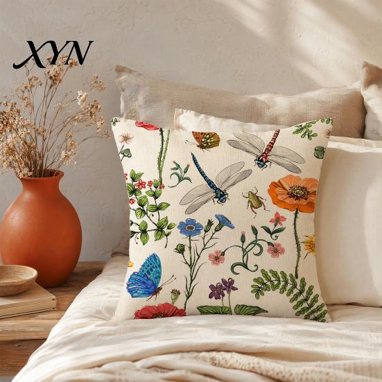 Soft Fabric Cushion Case Floral Cover, 18x18 Inch Decorative Throw Pillow Cover with Hidden Zipper, Elegant Color Plant Insect Flower Patterns,
