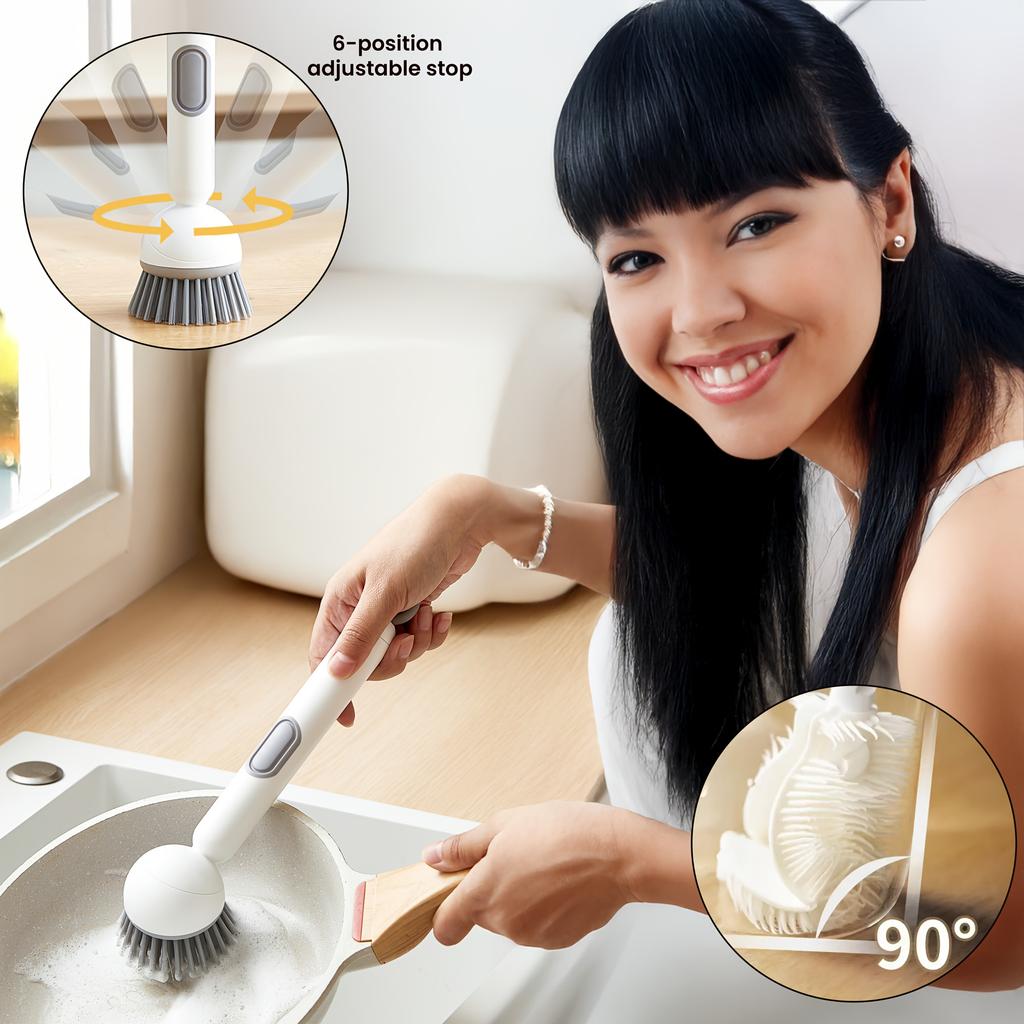 2pcs Heavy-Duty Dish Cleaning Brush Set with Detergent Dispenser - Rotating Scrubber & 2 Long Reach 90° Cup Brushe