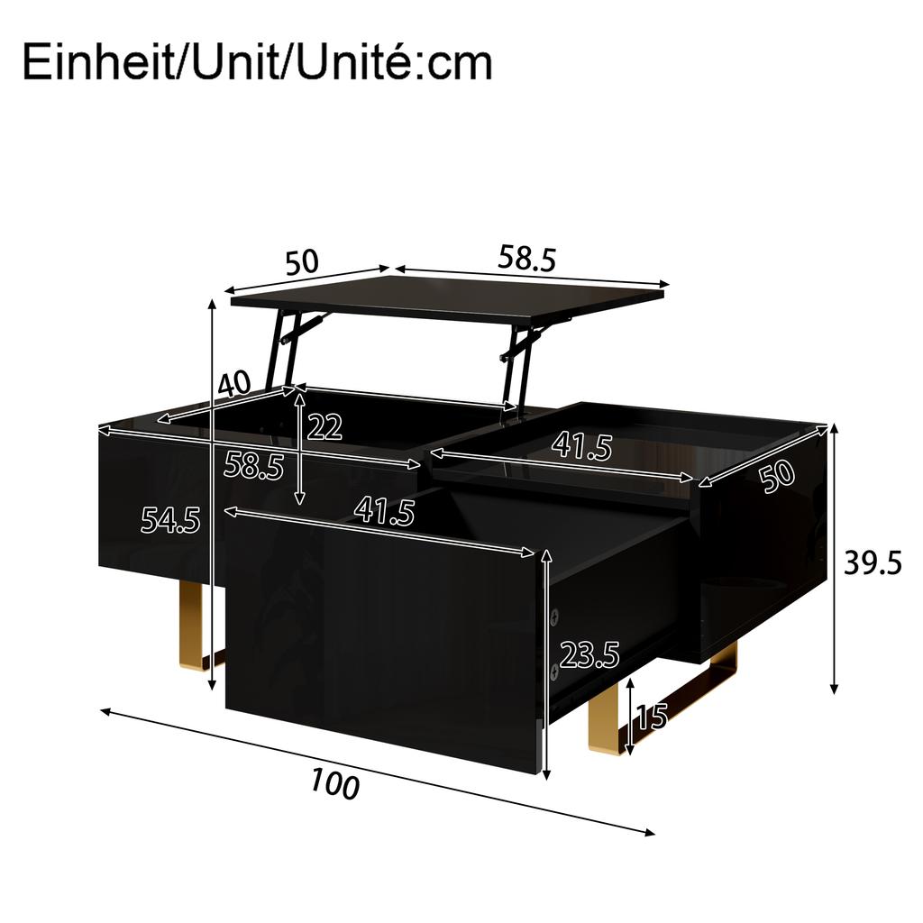 Height-Adjustable Coffee Table, Storage Made of MDF with High-Gloss Surface, with Drawer and Iron Legs, Modern Living Room Table