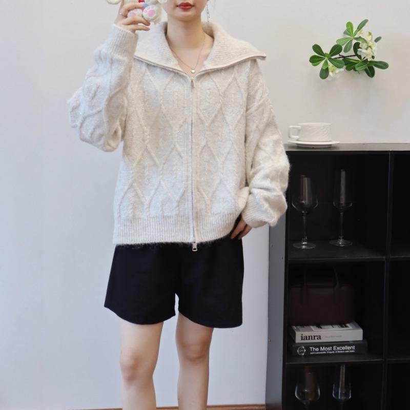 Autumn and winter new double zipper sequined high-end knitted cardigan loose casual versatile sweater jacket women
