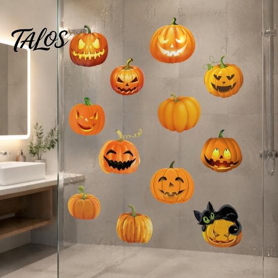 Decorative Jack O' Lantern Wall Art 3 Sheets Halloween Ghost Face Pumpkin Sticker, Cute Black Cat PVC Window Decals for Parties Decals, Waterproof