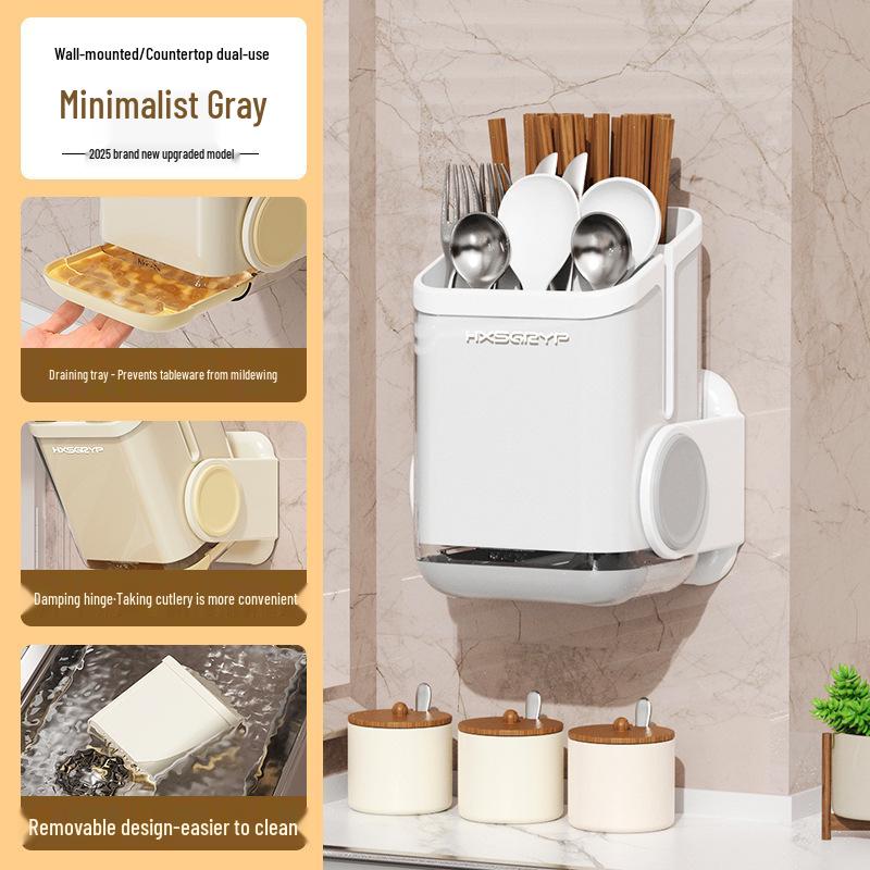 Wall-Mounted Anti-Mildew Chopstick and Utensil Holder With Draining Shelf.