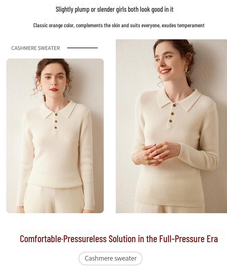 Women's Cashmere Polo Collar Sweater - Autumn/Winter Style with Button Detail