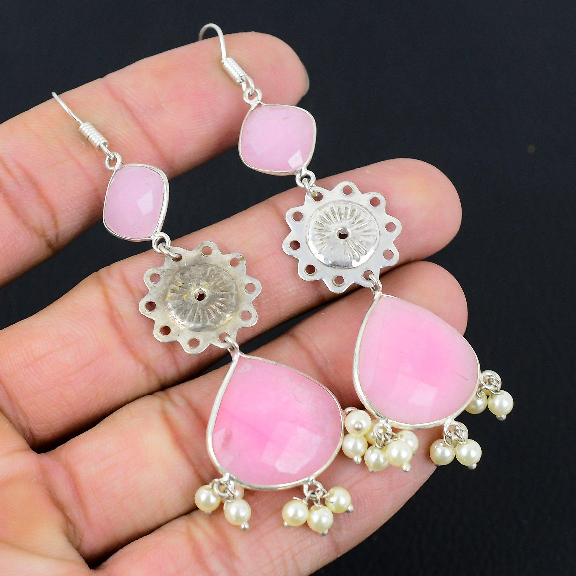 

Pear Pink Chalcedony Stone Wife Elegant Dangle Earrings Jewelry Sterling Silver