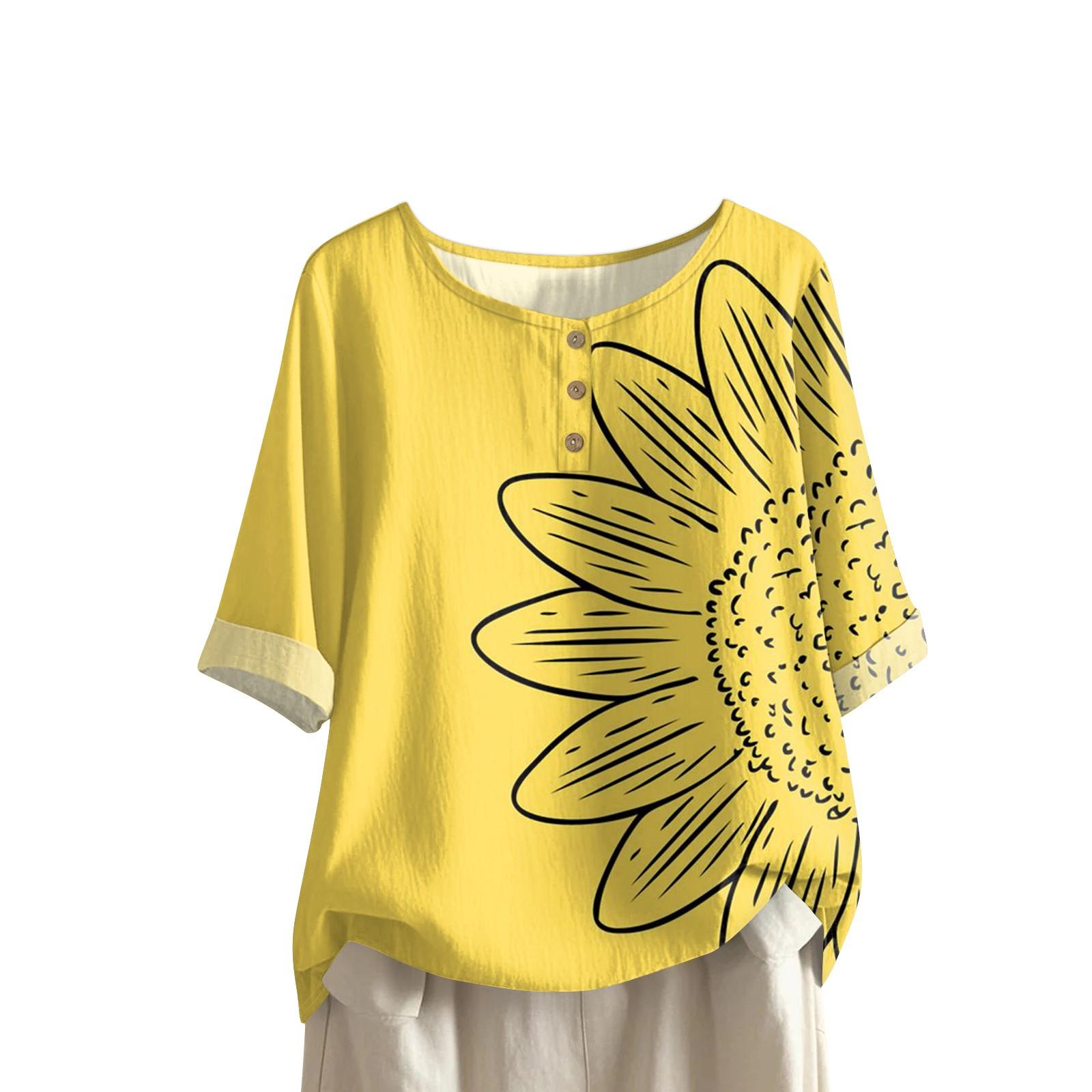 

Женская модная и повседневная рубашка с полурукавом, круглым вырезом, принтом, из хлопка и льна, блузка-топ XL жёлтый
