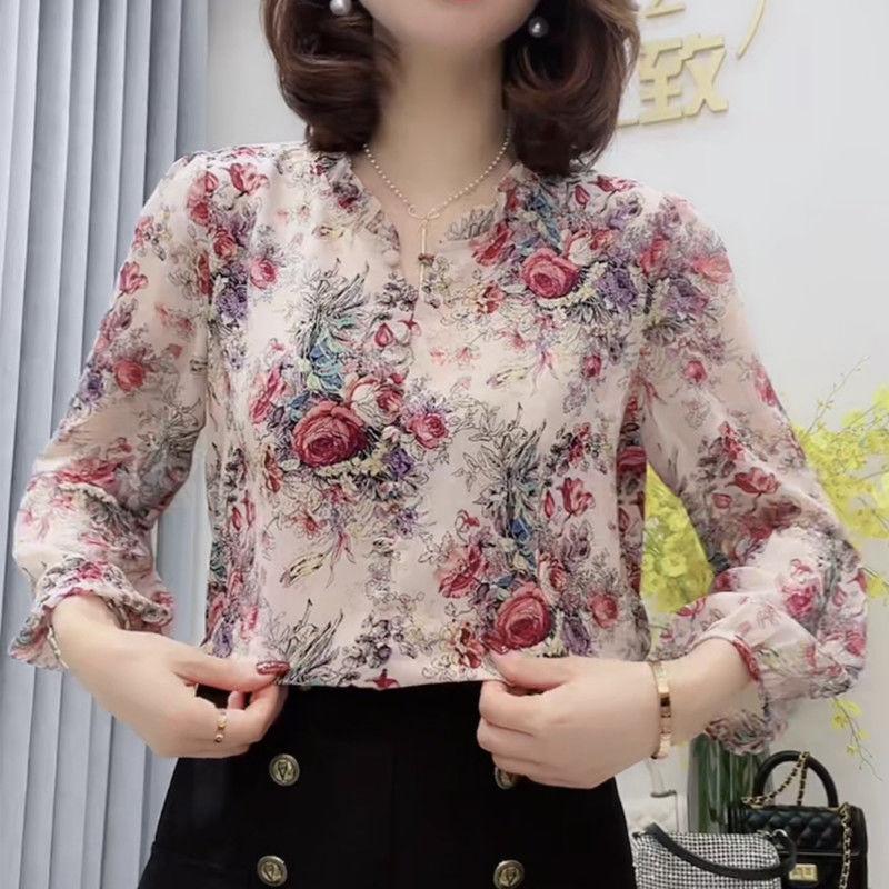 Shirt Women's  Early Spring New V-Neck Patchwork Fashion Printed Loose Lantern Sleeves Slimming Chiffon Tops
