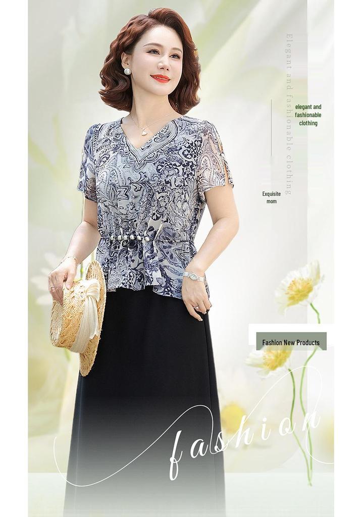 2026 Elegant Chiffon Summer Dress for Moms, Casual Fake Two-Piece, Age-Defying Style for Middle-Aged and Seniors