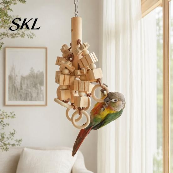 Bird Beak Trimmer Wood Blocks Parrot Toy, Chew Toy with Wooden Rings, Biting Hanging Cage Accessory for Parakeet Conure Cockatiel Non-toxic