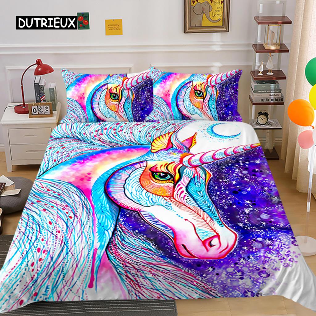 Husă de plapumă Rege Regină Unicorn Desen animat Animal Curcubeu Univers Set de lenjerie de pat pentru copii Adolescenți Cosmic Cer înstelat Poliester Husă de plapumă