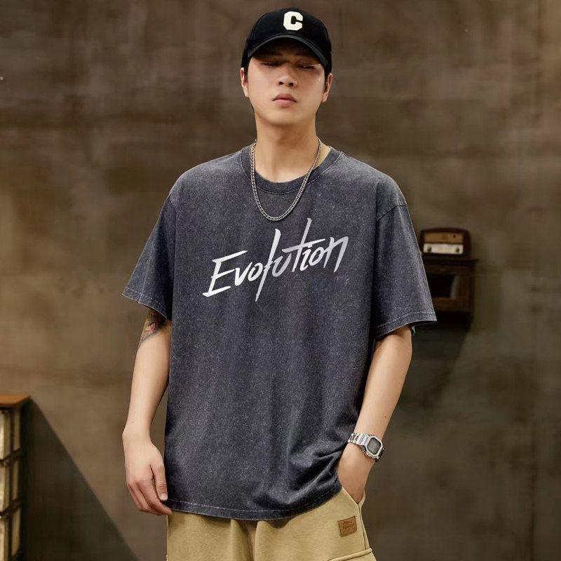 Stock T-Shirt Similar to Nicholas Tse s Style, Heavyweight Washed Cotton Short-Sleeve Men s T-Shirt, Summer Trendy Loose Casual Half-Sleeve Shirt Dark Gray XL