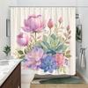 1pc Springtime Bouquet Shower Curtain - Watercolor Peonies, Succulents & Blue Flowers, Striped Background, Serene Design