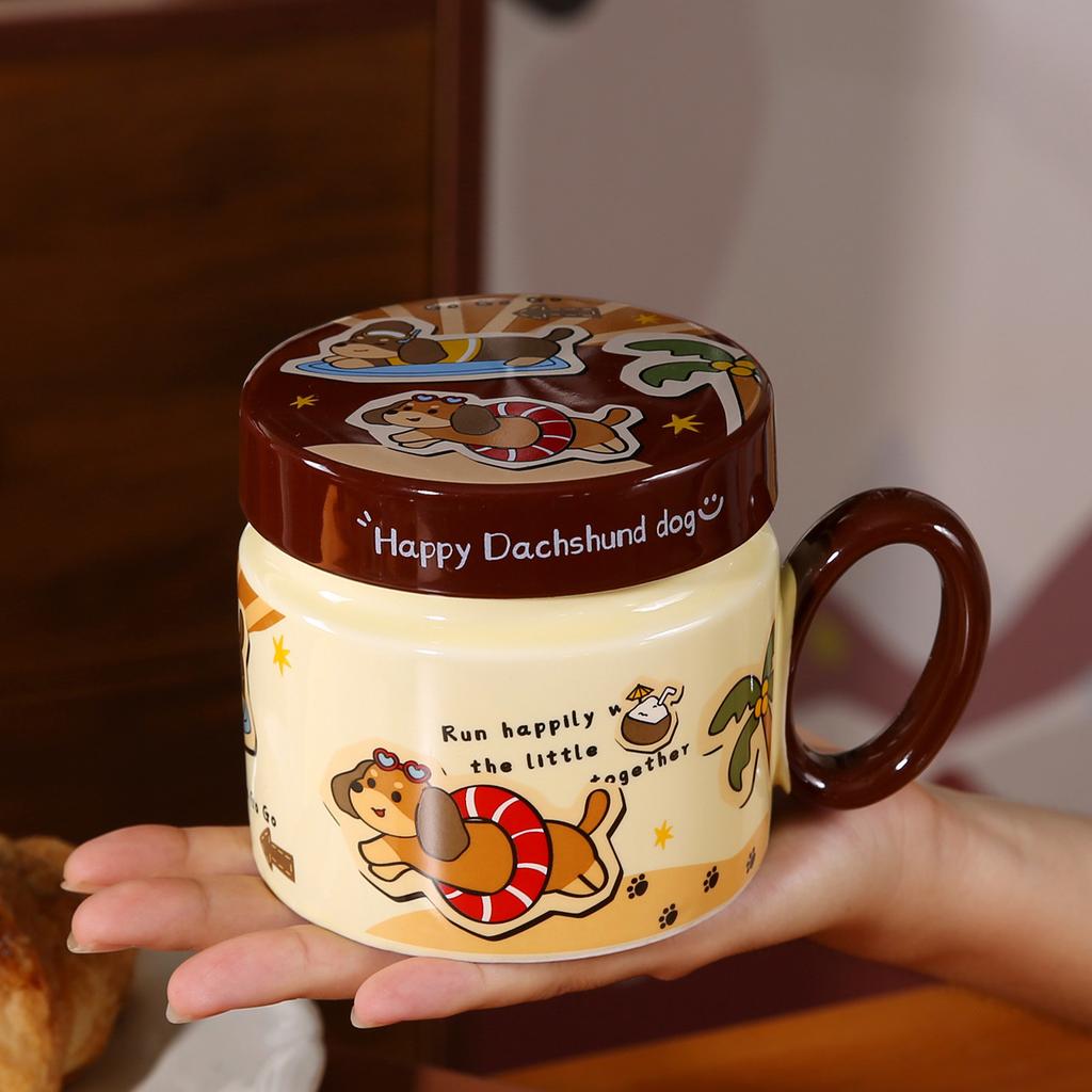 Dackel Keramik Wasserbecher Süße Tasse mit Deckel und Löffel Kreativer Jungenstil Kinder Frühstückstasse Große Kapazität