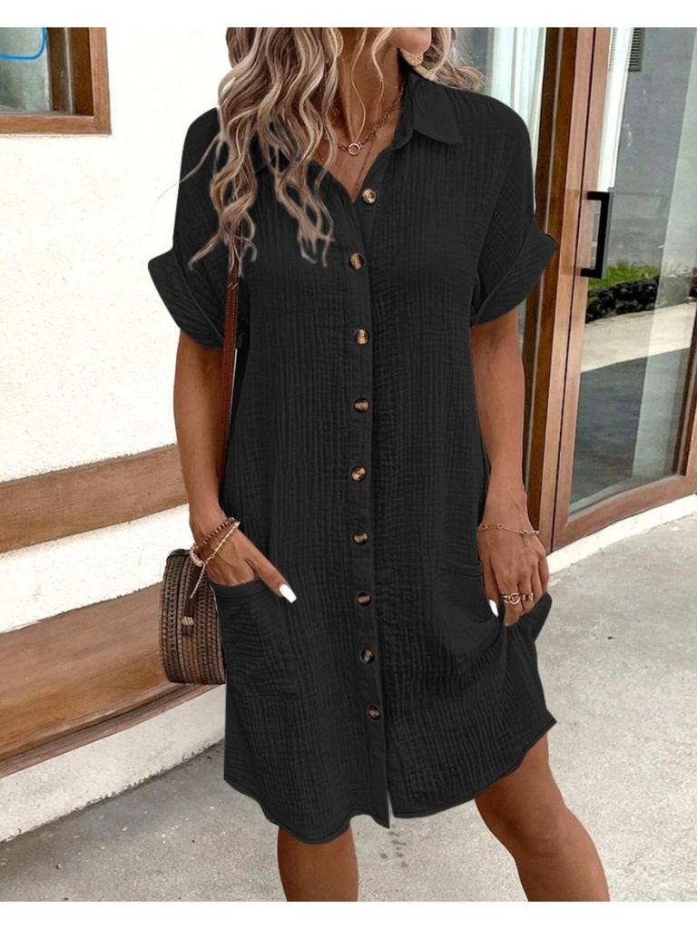 V-Kragen, einfarbiges Kleid mit Knöpfen, hohe Taille, elegantes Hemdblusenkleid für Damen, kurzärmelige, lockere Kleider, lässiges Kleid