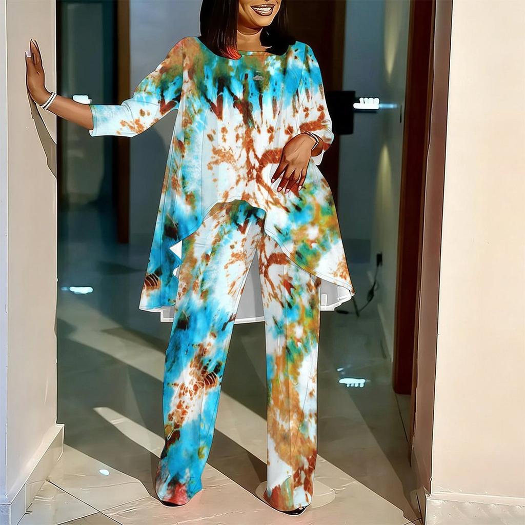 Women Plus Size Two Piece Coordinated Outfit Round Neck Three Quarter Sleeve Irregular Hem Top Printed Wide Leg Trousers