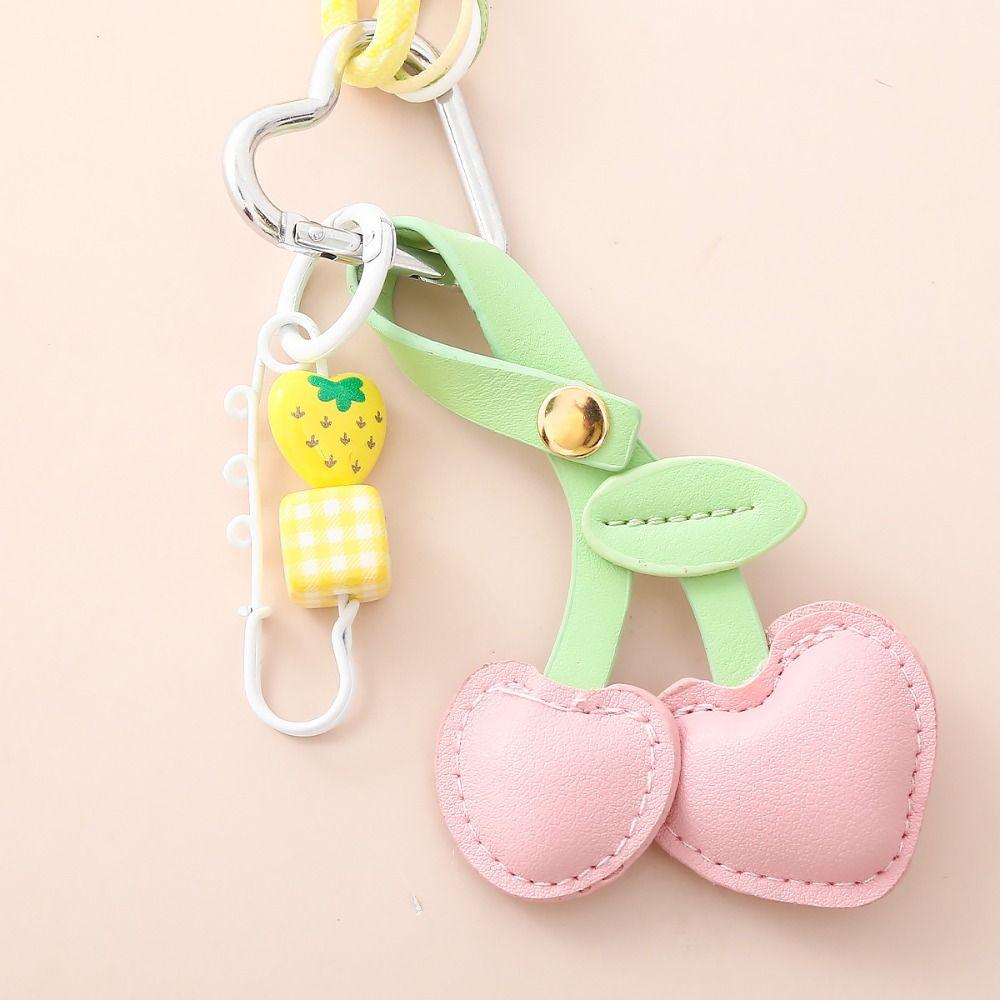 Heart Buckle Cherry Keychain Bowknot Fruit Style Charms Leather Cherry Pendant  Birthday Gift