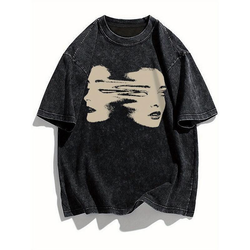 European Size Abstract Face Print Summer Trendy Oversized Shoulder Sleeve Extra Large Vintage Distressed Pure Washed Craft Round Neck T Shirt