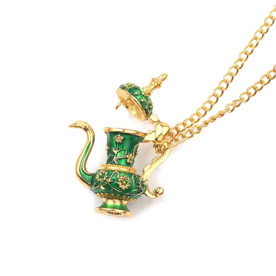 Vintage Enamel Green Teapot Pendant Long Chain Women Sweater Necklace Jewelry