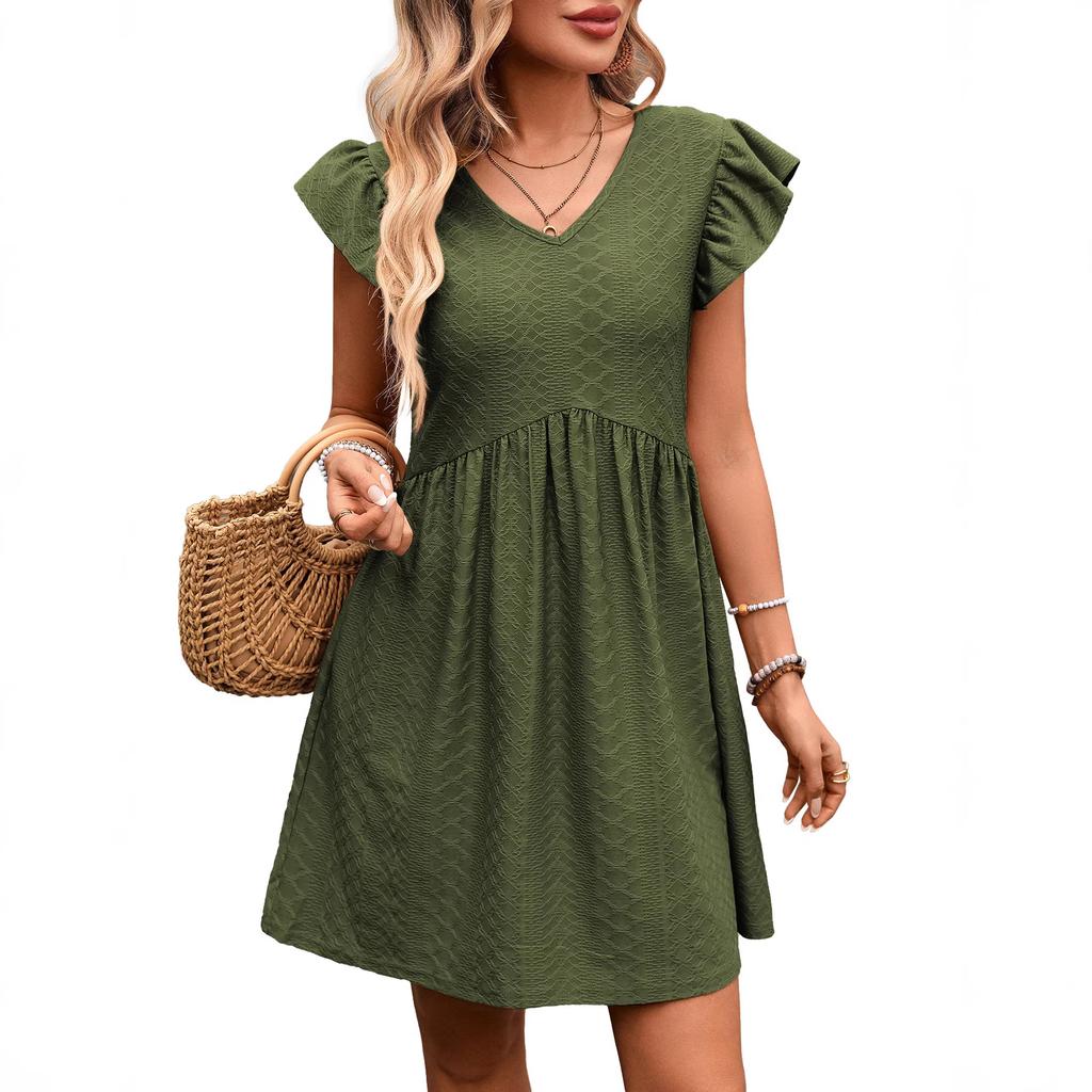 Summer New Style Women's V-neck Leaf-sleeve Slim-fit Short-sleeved Wide-sleeve Elegant Dress