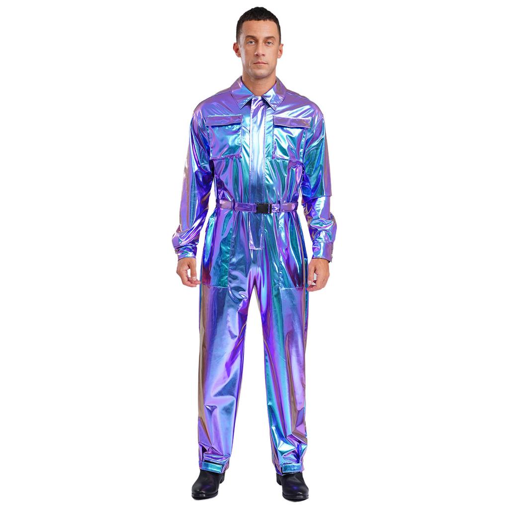 Glanzende Metallic Turn-down Kraag Lange Mouwen Hoge Taille Jumpsuit Heren Halloween Kostuum