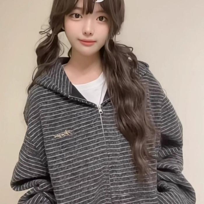 

Spot American Striped Lazy Hooded Zipper Jacket Women s Spring and Autumn New Casual Loose Cardigan Sweater #2238 2XL чорний